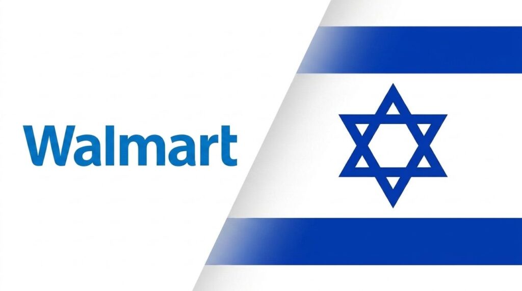 Walmart logo combined with Israeli flag in a graphic layout.
