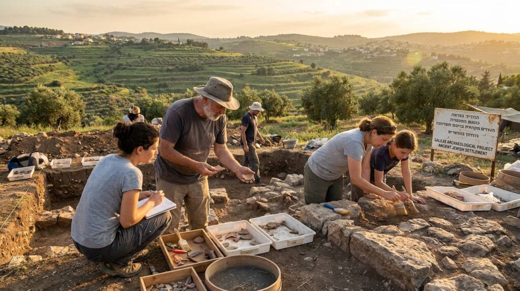 Archaeologists excavating ancient artifacts at a Galilee dig site.