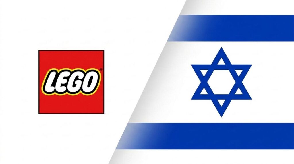 Lego bricks arranged to form the Israeli flag pattern.