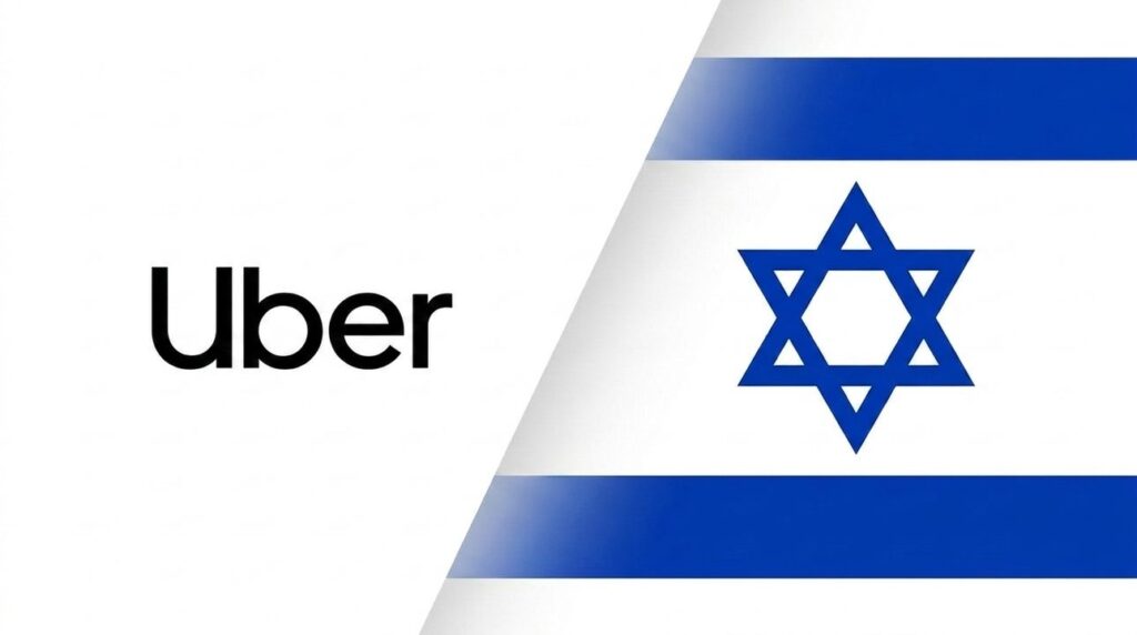 Uber logo merged with an Israeli flag in a graphic layout.