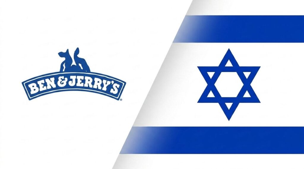 Ben & Jerry's logo combined with the Israeli flag in design.