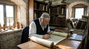 Jewish scholar in Jerusalem studying ancient texts in a traditional room.