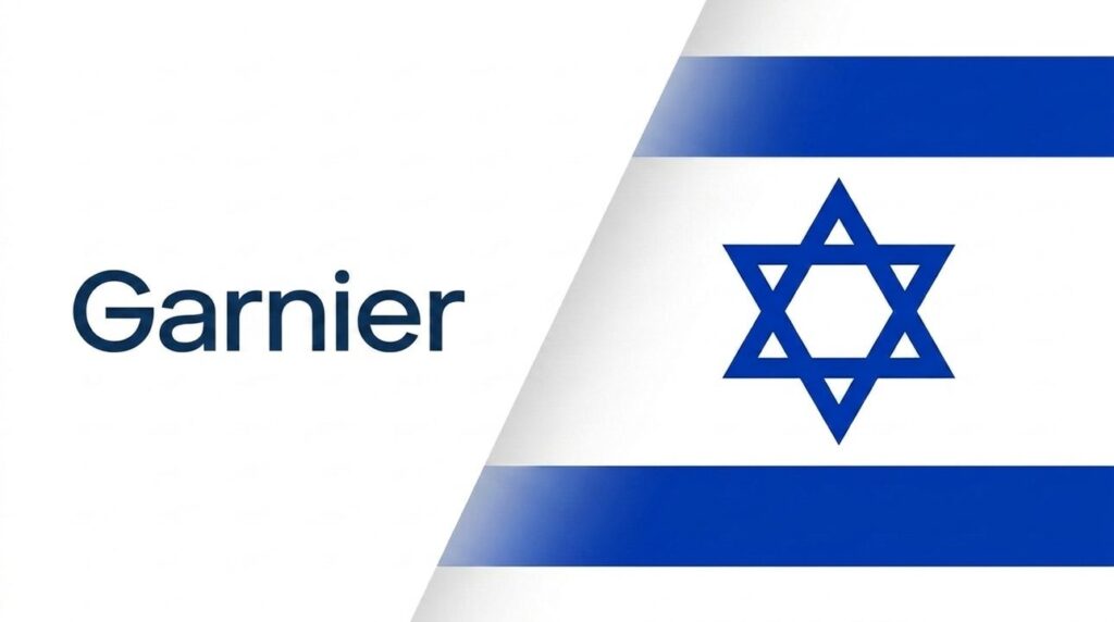Garnier logo combined with Israeli flag in a graphic layout.