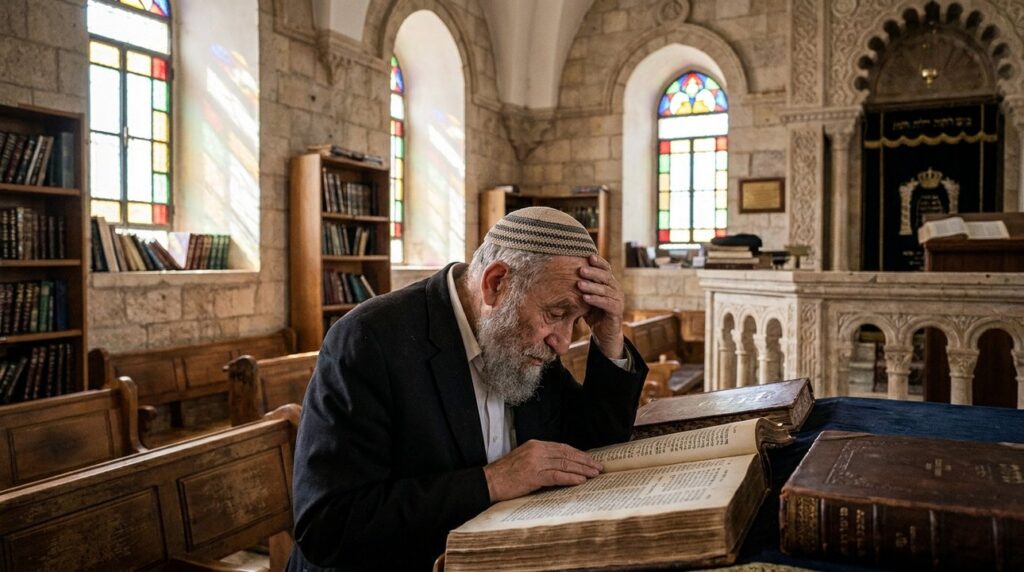 Elderly Jewish man studying texts in a historic Jerusalem synagogue.