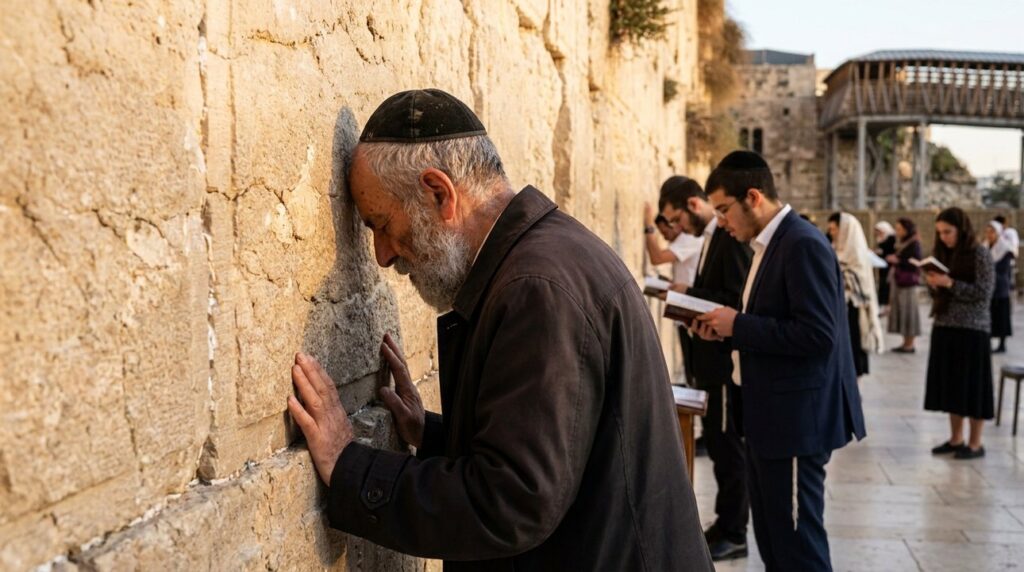 Elderly man in kippah praying at Western Wall in golden light.