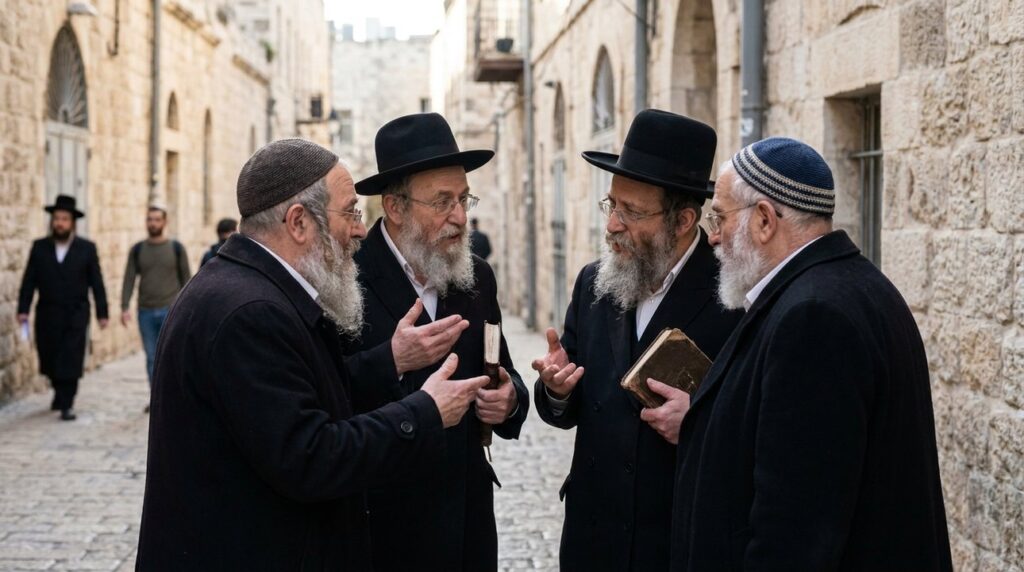 Jewish men in kippahs discussing in Jerusalem's ancient streets.