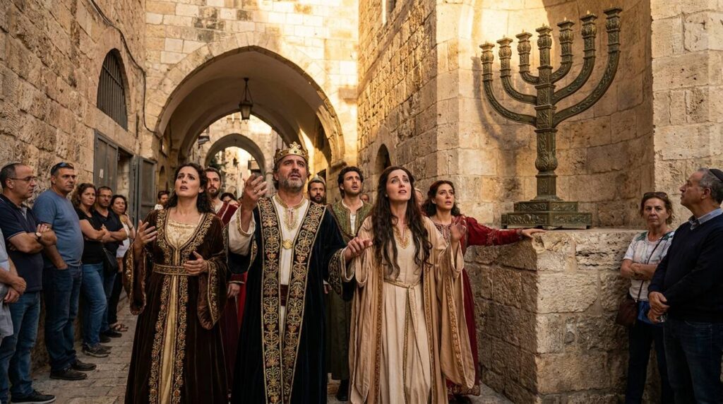 Actors in "Nabucco" costumes performing on a historic Jerusalem street.