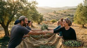 Diverse Israelis harvesting olives in a rural grove at sunset.