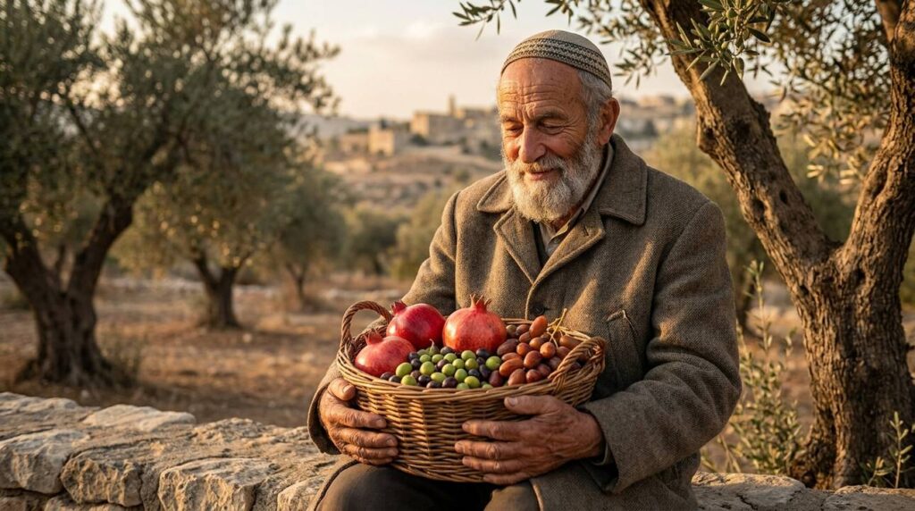 Elderly Jewish man in kippah holding basket of fruits in grove.