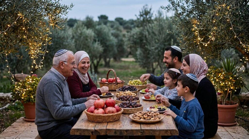 People of various ages tasting fruits at Tu BiShvat, outdoor setting.