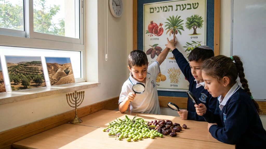 Israeli children examining olives and dates in a classroom.