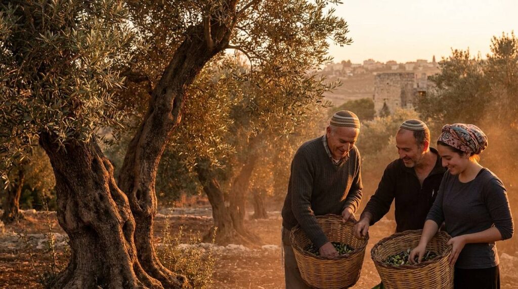 Olive grove in Israel at sunset with people harvesting olives.