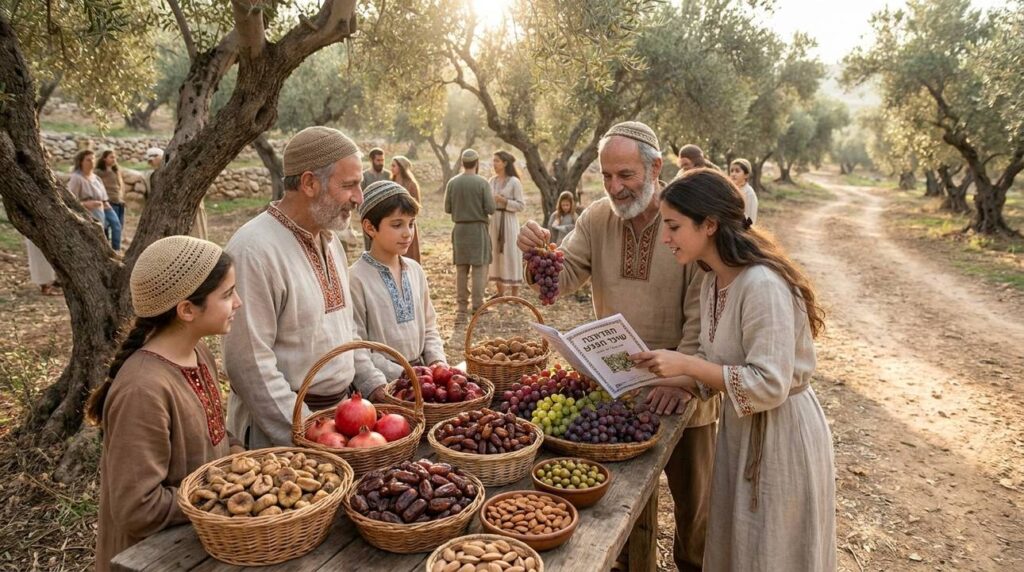 Group of people celebrating Tu BiShvat around a fruit-laden table in an olive grove.