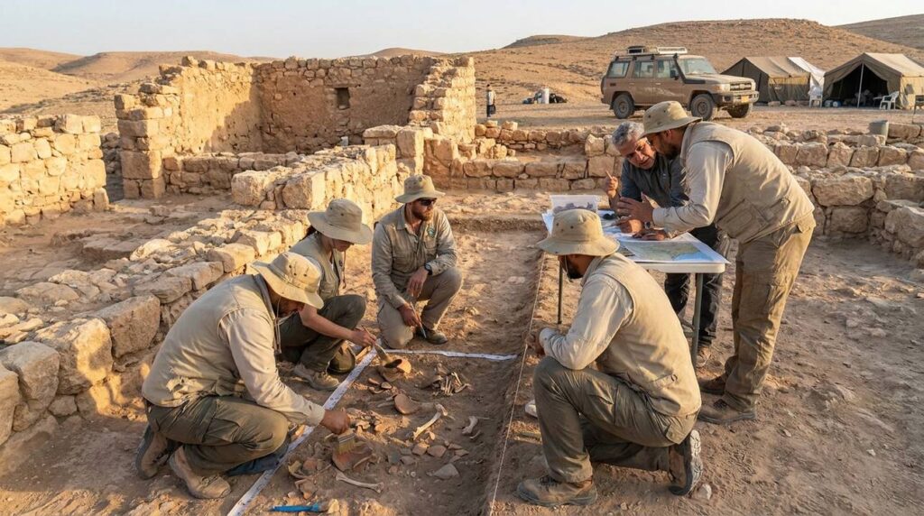 Archaeologists examining artifacts at Moabite ruins in Jordan at sunrise.