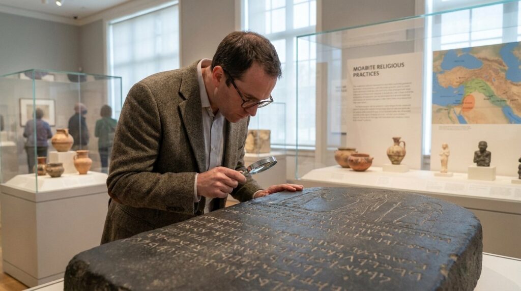Researcher examining Moabite Stone in museum with cultural artifacts background.