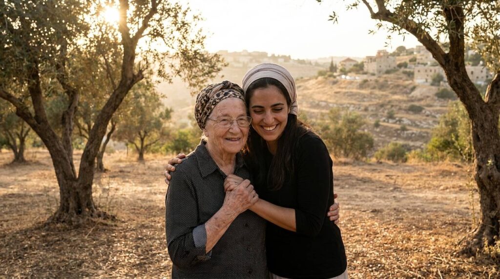 Elderly Jewish woman and younger woman sharing a moment in olive grove.