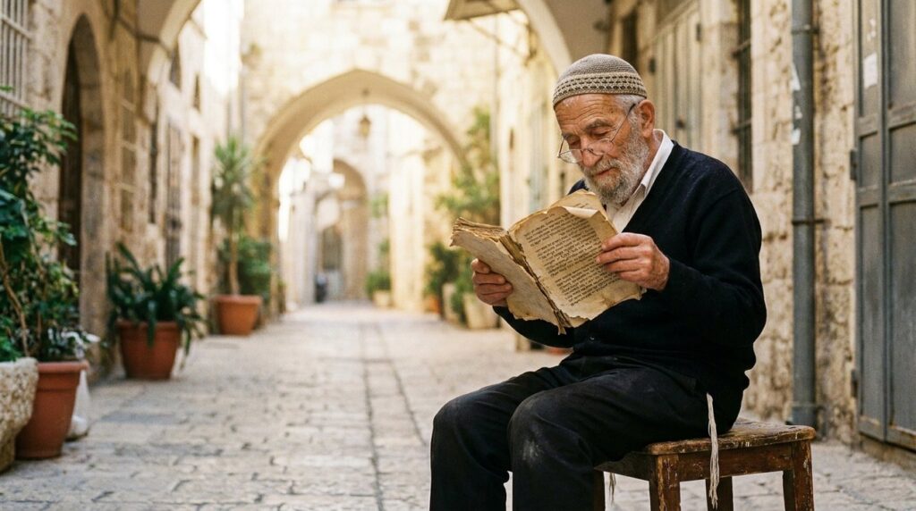Elderly Jewish man in Jerusalem reads Hebrew manuscript in alley.