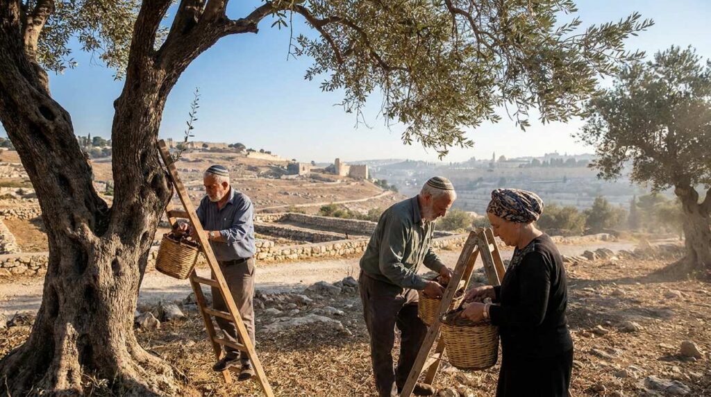 People in traditional Jewish attire harvesting olives in grove near Jerusalem.
