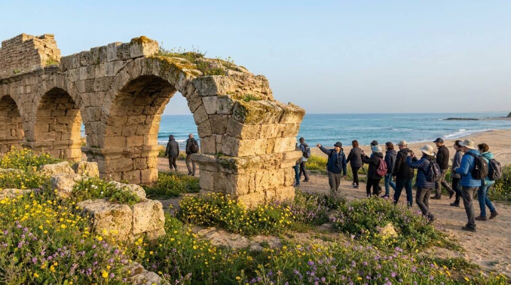 Early morning at Caesarea's Roman aqueduct, modern Israelis exploring, near the Mediterranean sea.
