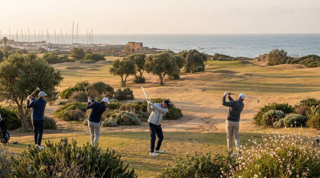 Golfers in mid-swing at Caesarea Golf Club with sea backdrop.