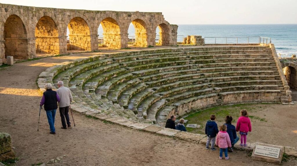 Early morning view of Caesarea amphitheater with diverse modern visitors.