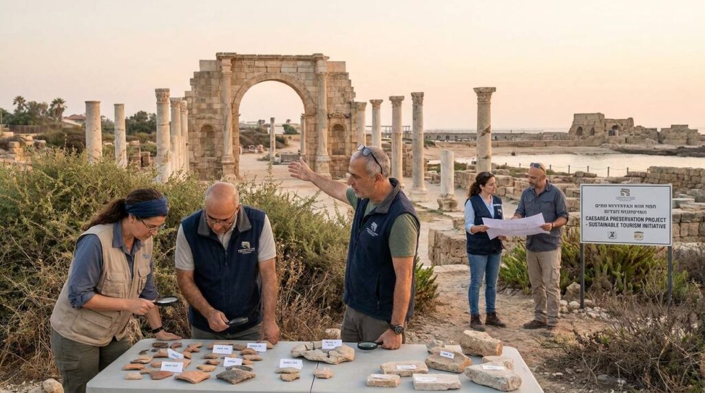Archaeological team examines artifacts at Caesarea ruins in morning light.