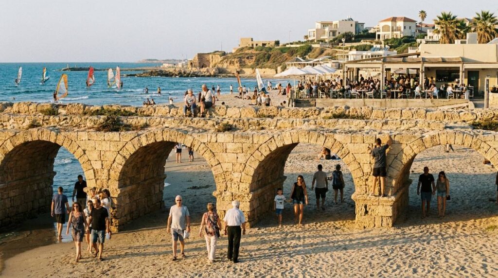 Diverse group explores ancient Roman ruins in Caesarea at sunset.