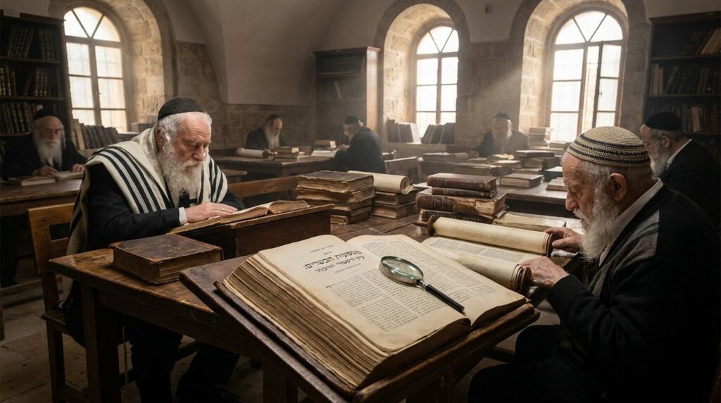Elderly scholars studying ancient texts in a historic Jewish library.