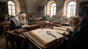 Elderly scholars studying ancient texts in a historic Jewish library.