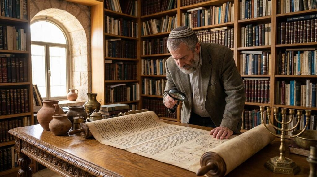 Scholar in kippa studies ancient scroll in book-lined study room.