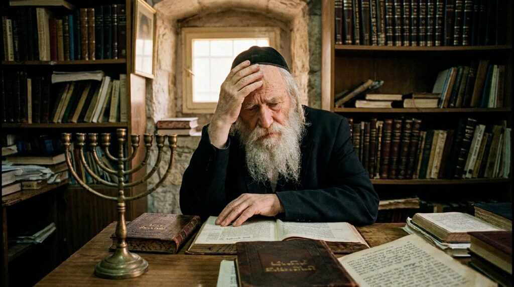 Elderly Jewish man contemplating at table with texts and menorah.