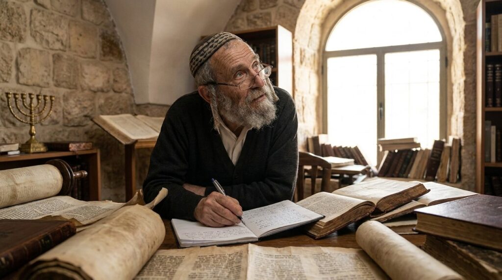 Elderly Jewish scholar studying ancient texts in sunlit Jerusalem library.