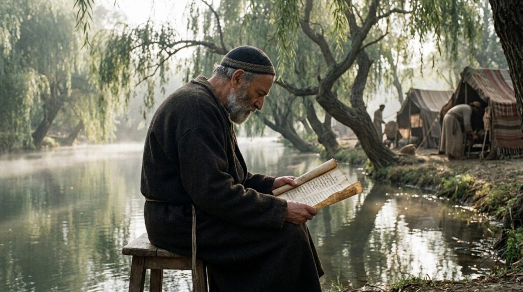 Elderly Jewish man reads a scroll by a gentle river.