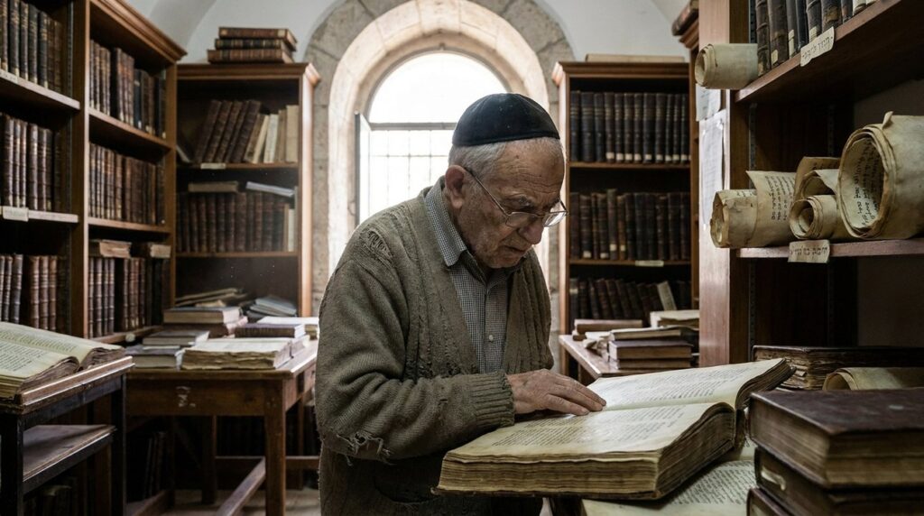 Elderly Jewish scholar studying ancient texts in historic Jerusalem library.