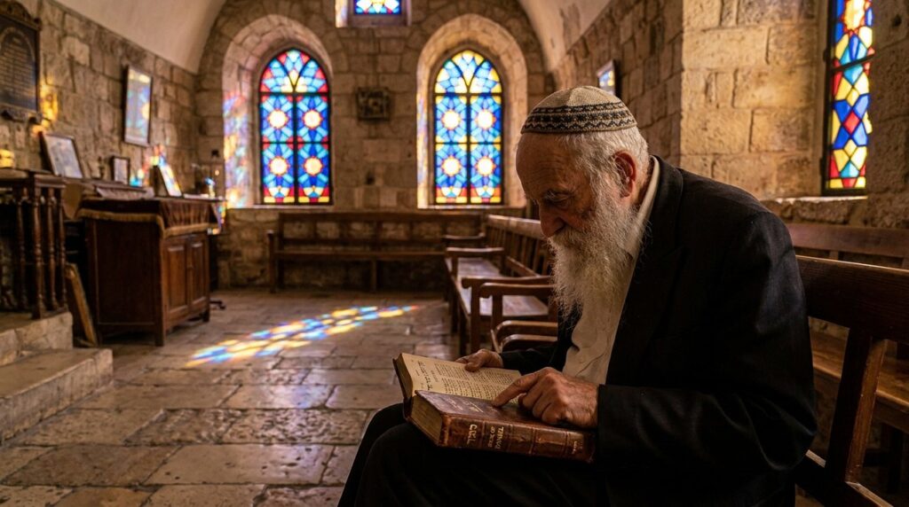 Elderly Jewish man reads Book of Daniel in sunlit synagogue.
