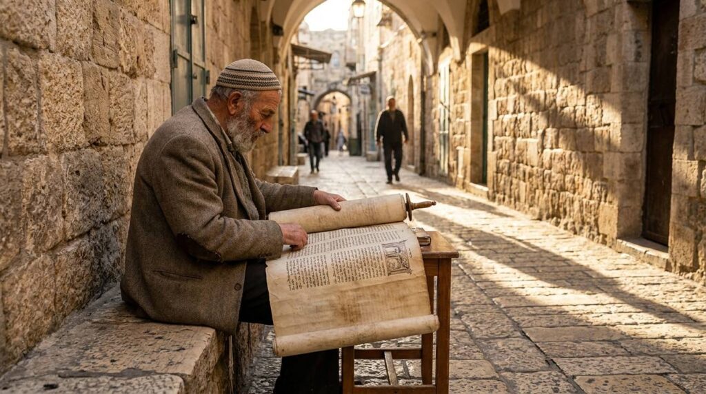 Elderly Jewish man studies ancient Hebrew scroll in Jerusalem alley.