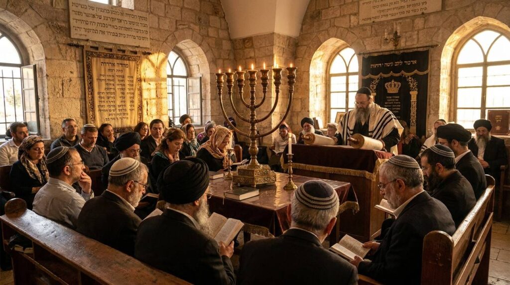 People praying in an old Jerusalem synagogue under golden evening light.