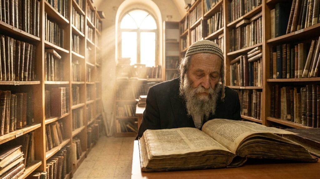 Elderly Jewish man in kipa reading ancient texts in library.