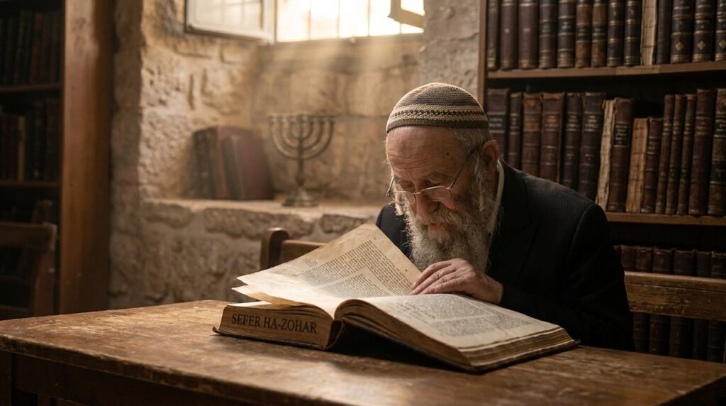 Elderly Jewish man studying Zohar in a traditional Jerusalem synagogue.