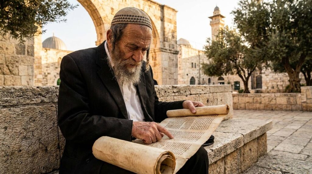 Elderly Jewish man in Jerusalem reads ancient scroll outdoors.