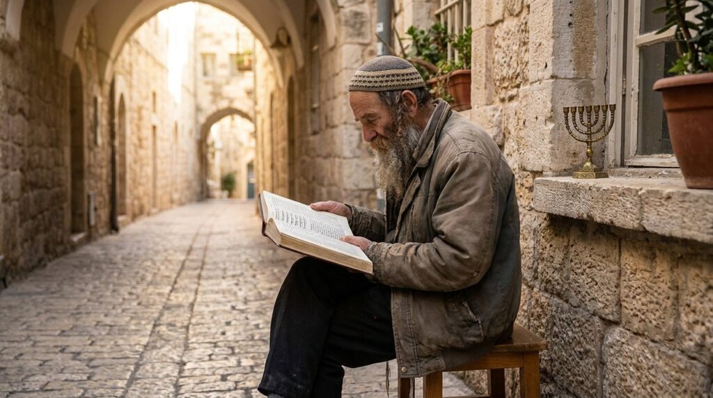 Elderly Jewish man reads Hebrew Bible in serene Jerusalem alley.
