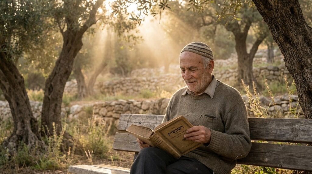 Elderly Jewish man in kippah reading Genesis in olive grove.