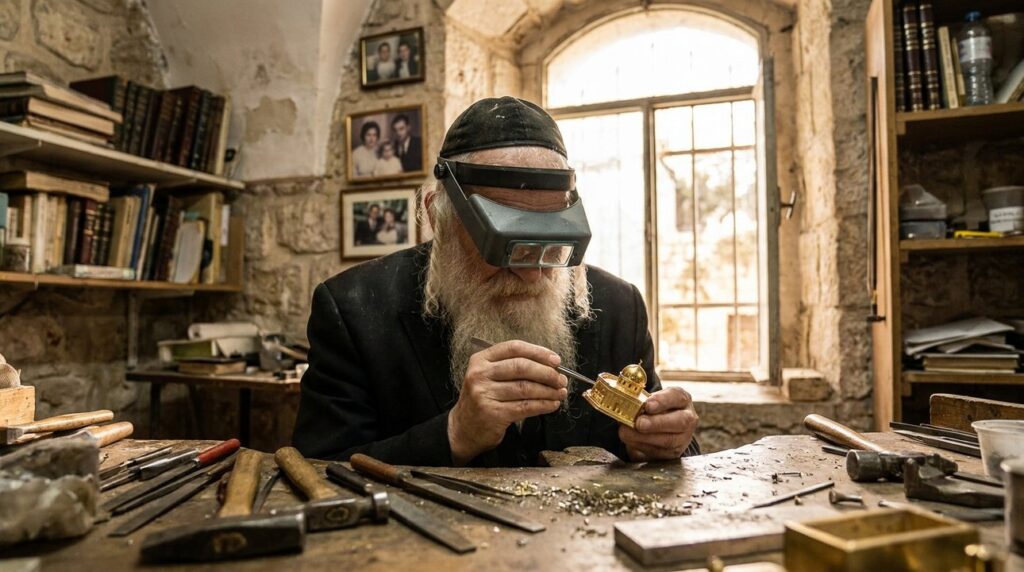 Elderly Jewish artisan crafting gold temple replica in sunlit workshop.