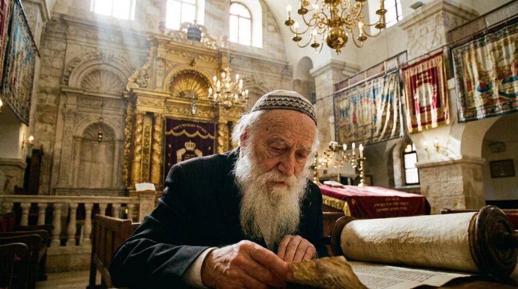 Elderly Jewish man reading Torah in a decorated Jerusalem synagogue.