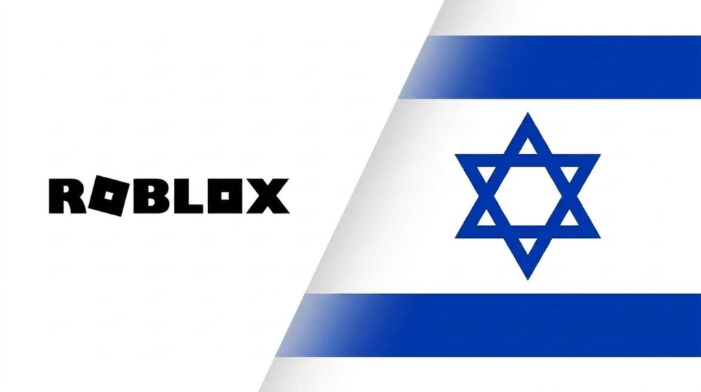 Roblox logo combined with the Israeli flag, graphic design layout.