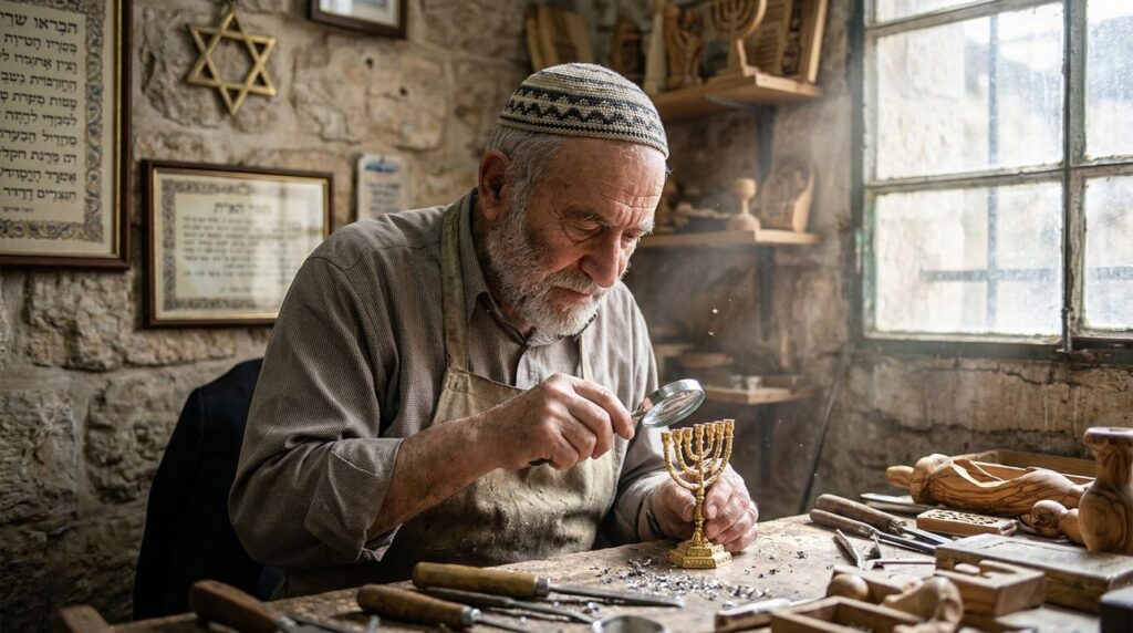 Elderly Jewish man crafting a golden menorah in sunlit workshop.