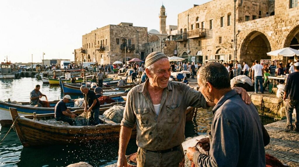 Fishermen prepare nets among wooden boats in ancient Jaffa Port.