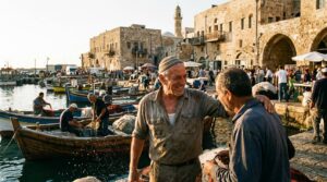 Fishermen prepare nets among wooden boats in ancient Jaffa Port.