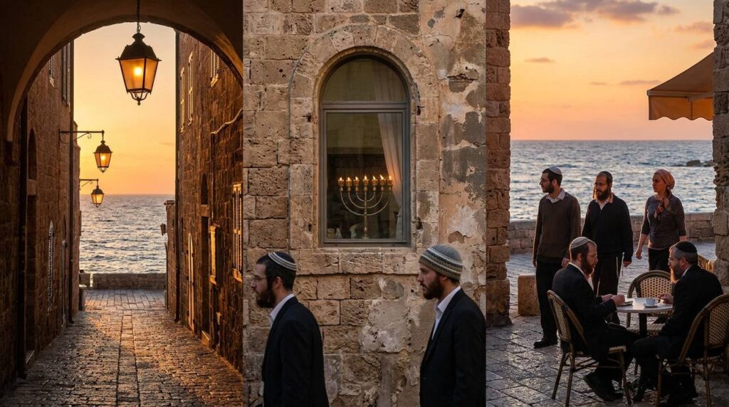 Sunset over Jaffa's ancient port with glowing lanterns and menorah visible.