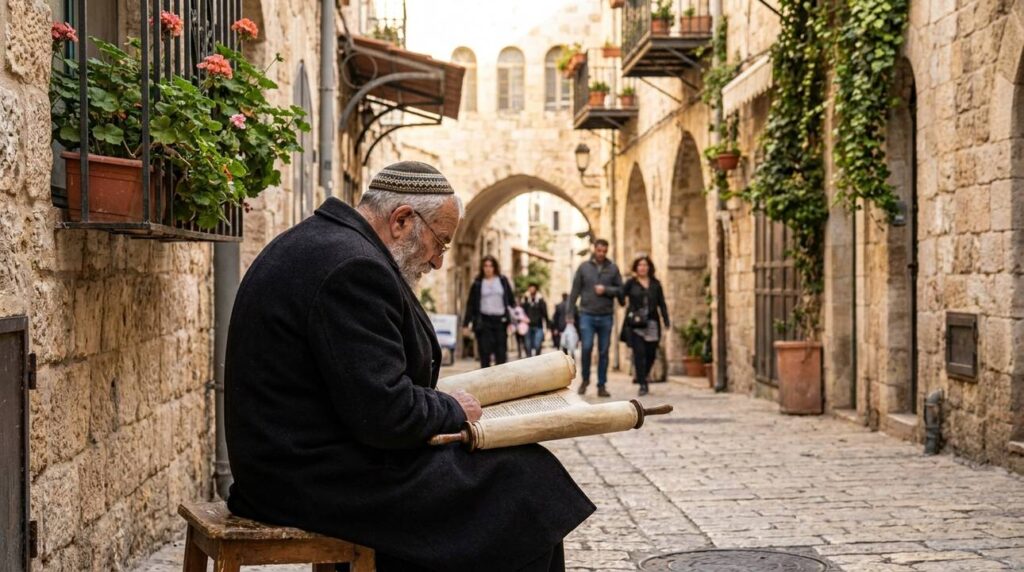 Elderly Jewish man in kippah reading Torah in Jerusalem alley.